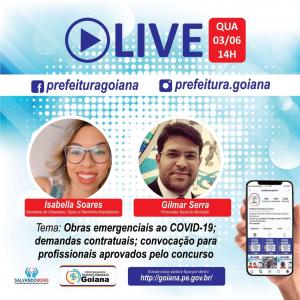 IVE > Em Goiana, o trabalho da Prefeitura não para! Tire suas dúvidas e fique por dentro de tudo que acontece no município, na Sede e nos Distritos. Quarta-feira (03), 14h.