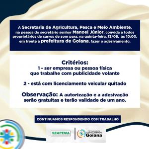 A Secretaria de Agricultura, Pesca e Meio Ambiente , convoca a todos proprietários de carros de som para fazer adesivamento.